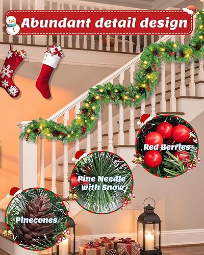 Miniatura 3 de Guirnalda de Navidad de 9 pies con nieve, piñas, bayas rojas, 50 luces LED blancas suaves con temporizador, decoración artificial de vacaciones para