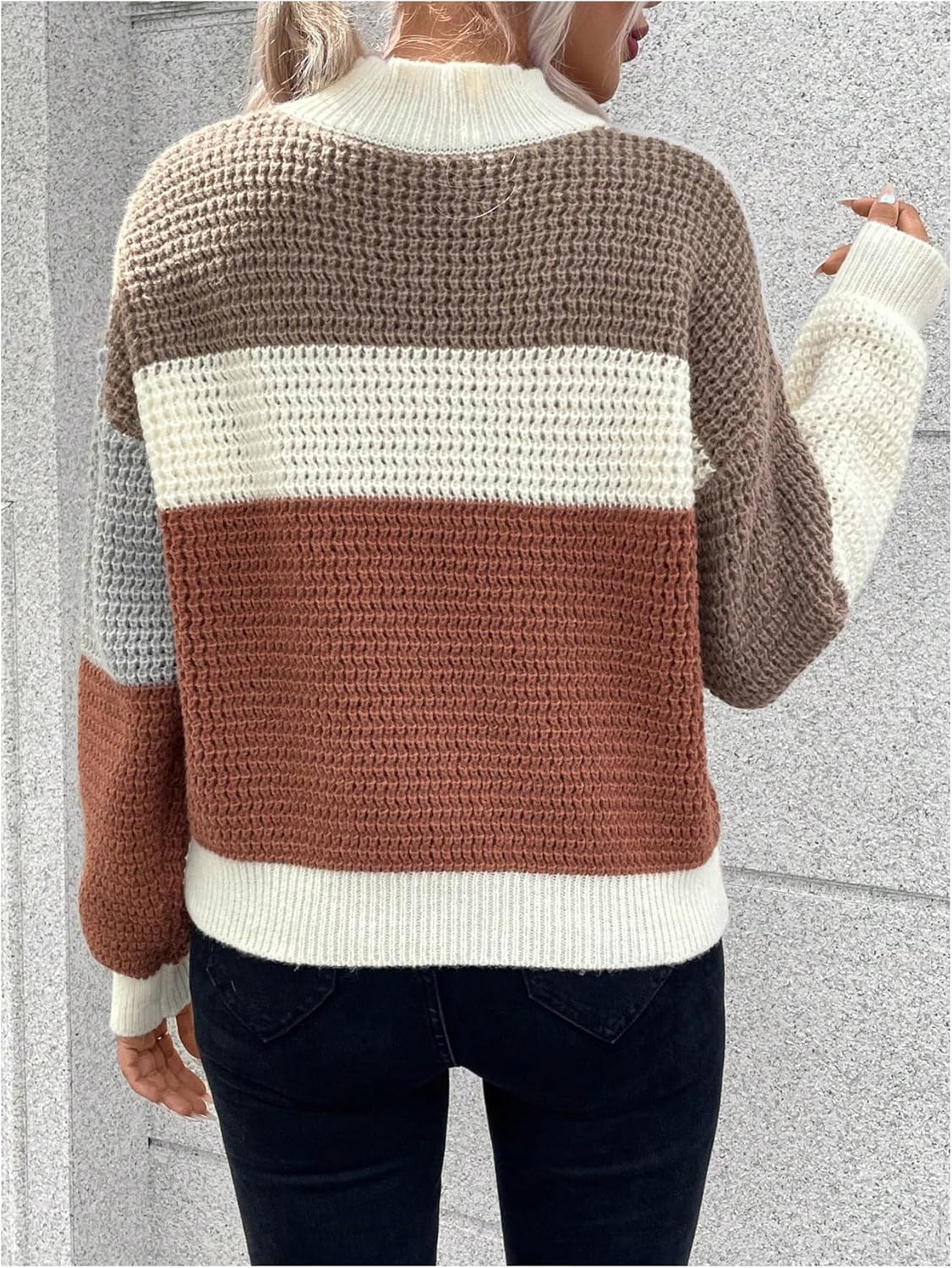 SHENHE Women's Color Block Sweater Mock Neck Long Sleeve Fall Chunky Knit Sweater Pullover - Image 2