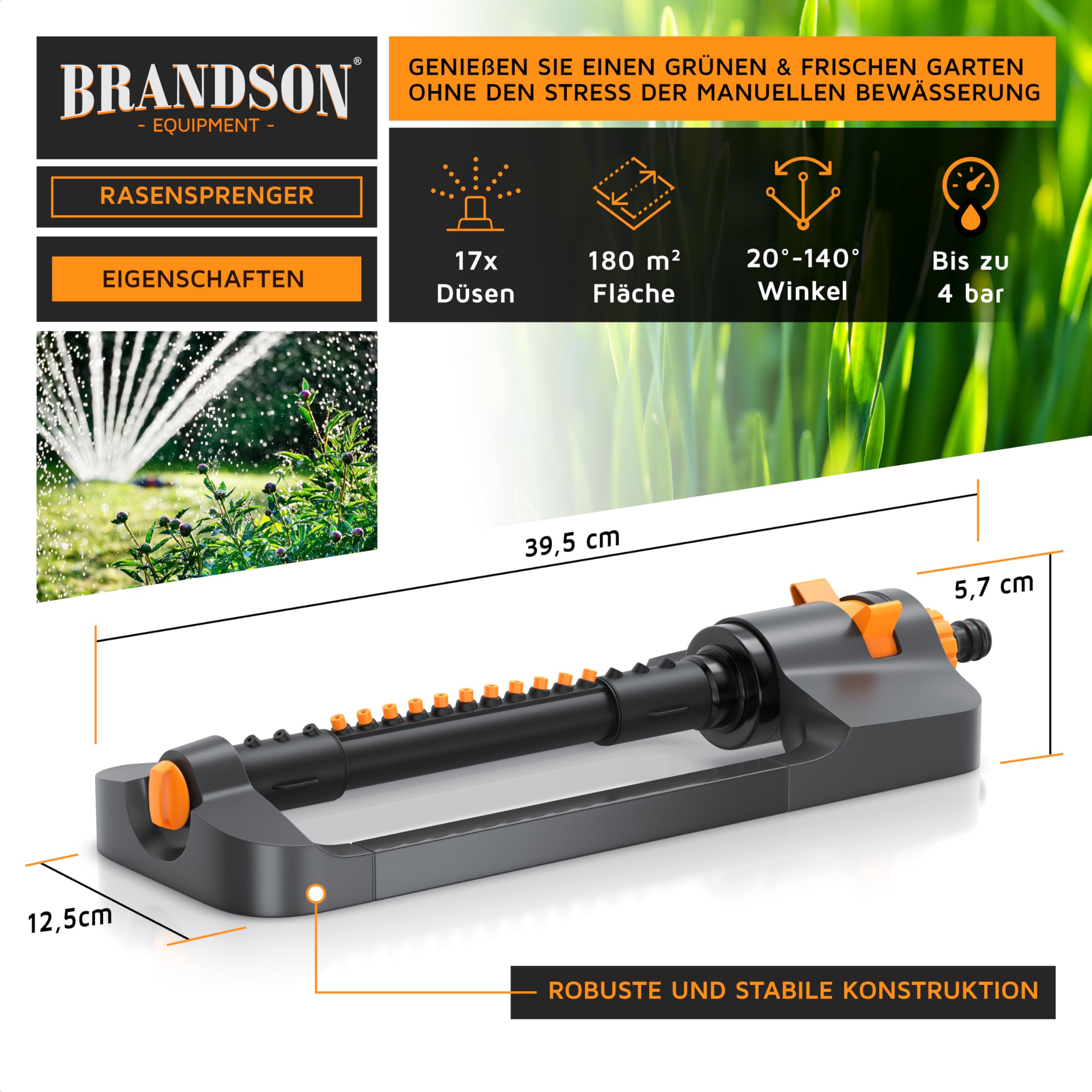 Brandson - Rasensprenger Viereckregner 3/4 Zoll – 17 Düsen (6 separat einstellbar) – für große Flächen – Oszillation 20° bis 140° – Sprengweite bis 15 m - Schnellkupplungsadapter - Garten Rasensprinkl