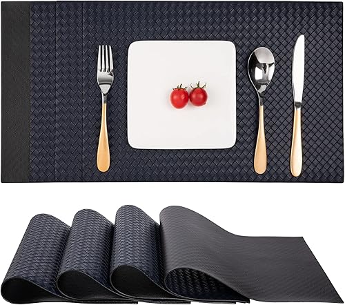 Buen Don Manteles individuales, 4 hojas de PVC + material de poliuretano, manteles individuales lavables con estructura de cuero sintético (azul)
