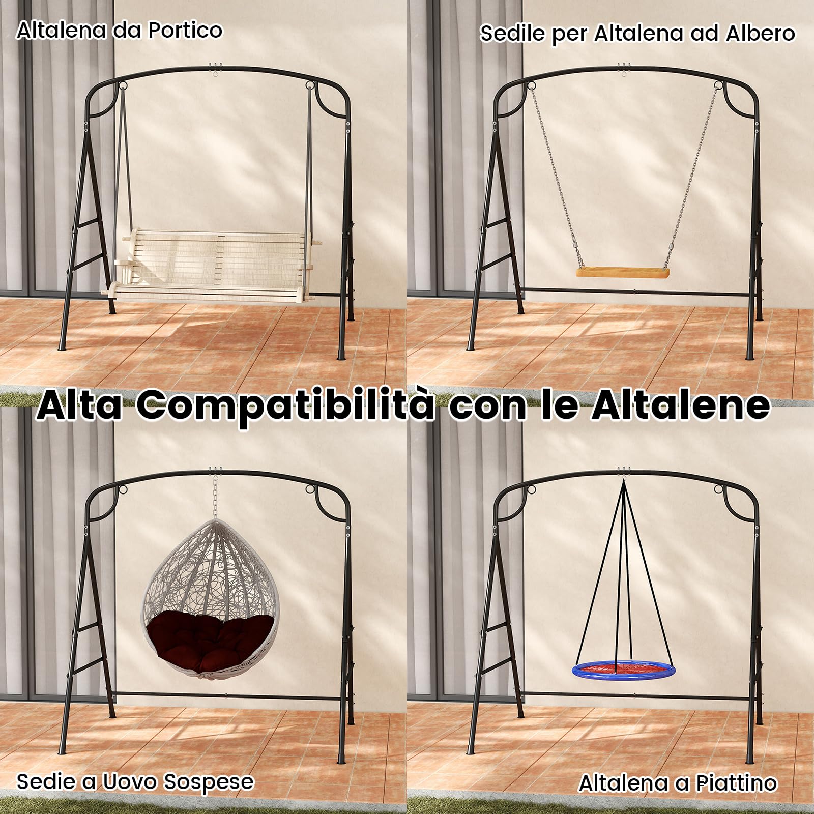 COSTWAY Supporto per Altalena in Metallo, Struttura per Altalena con Doppie Barre Laterali e Design a 2 Anelli, Struttura a Forma di A, Portata 300 kg (Con anello centrale)