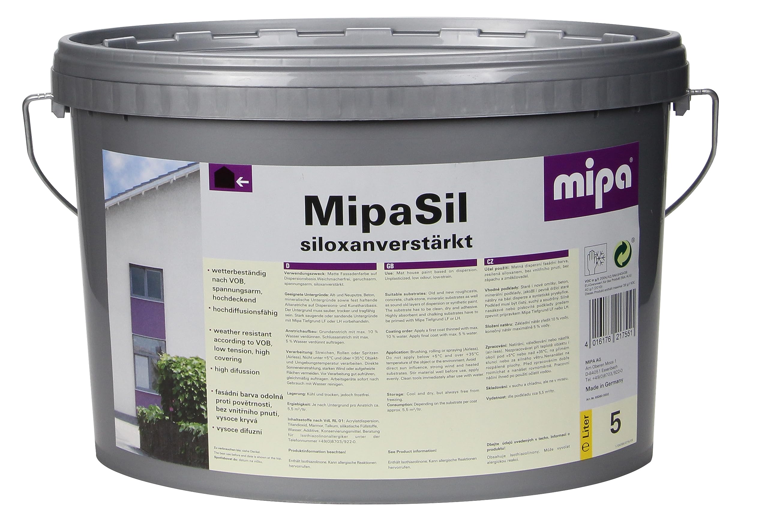 MIPA MipaSil Silikat Fassadenfarbe,Außenfarbe,weiss,matt,5 Liter