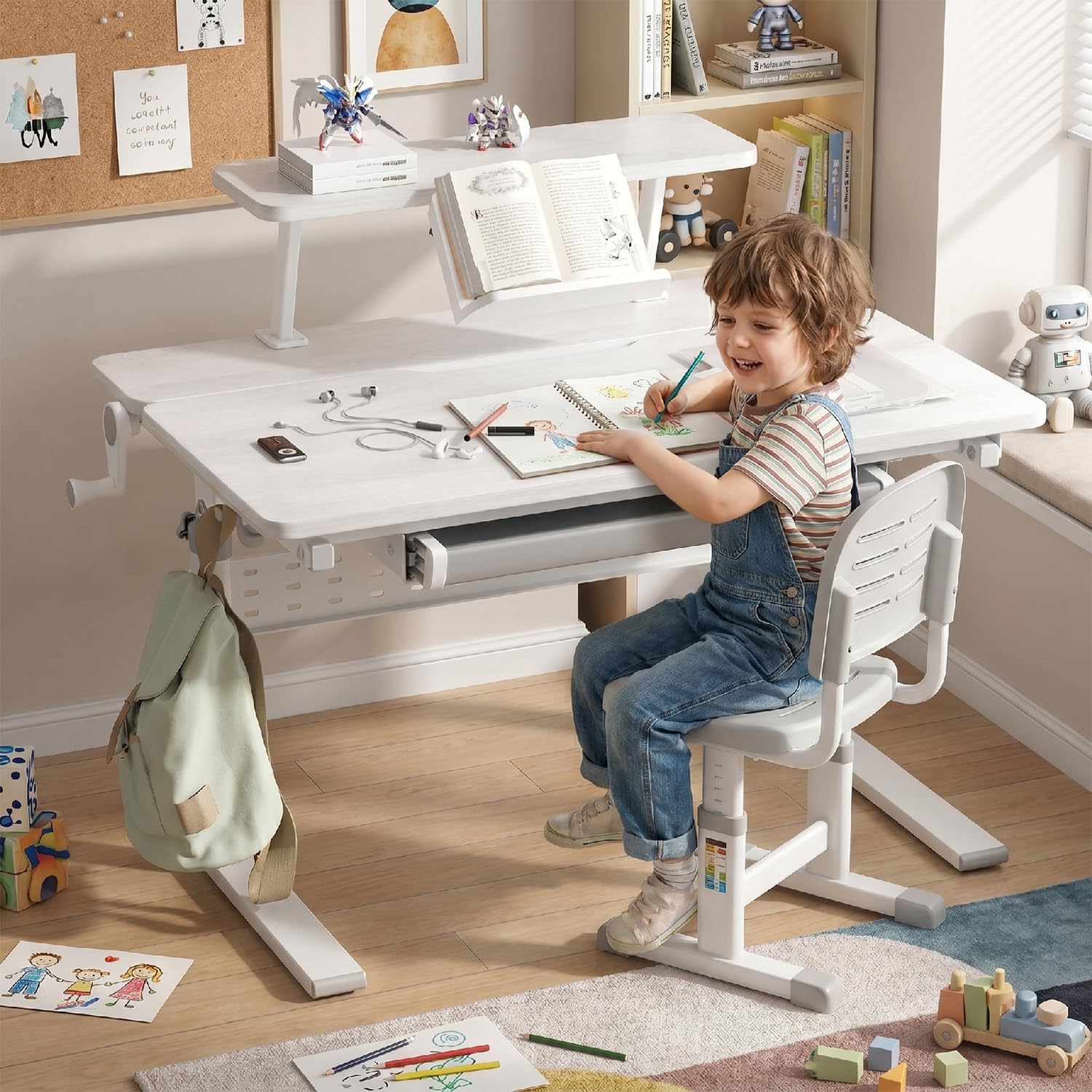 Ergonomiczne biurko ER-483 kids' height and angle adjustable to 40°, extra shelf with book holder, school table for kids up to 40 kg, drawer hook