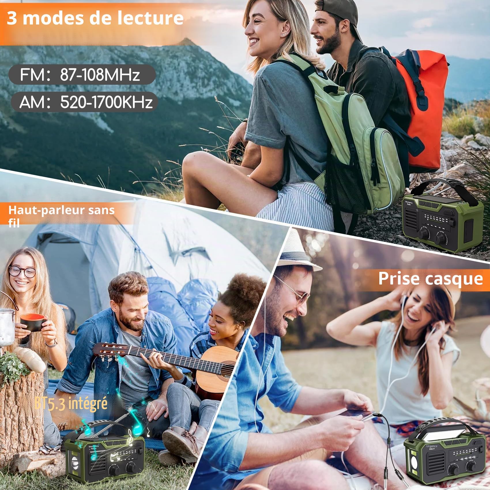Radio Survie 27000 Mah,RadioSolaire À Manivelle FM/Am, RadioDynamo avec Alarme Sos avec Lampe, RadioA Pile Survie Peut Charger Un Téléphone Portable Et Lecture Bluetooth (Vert)