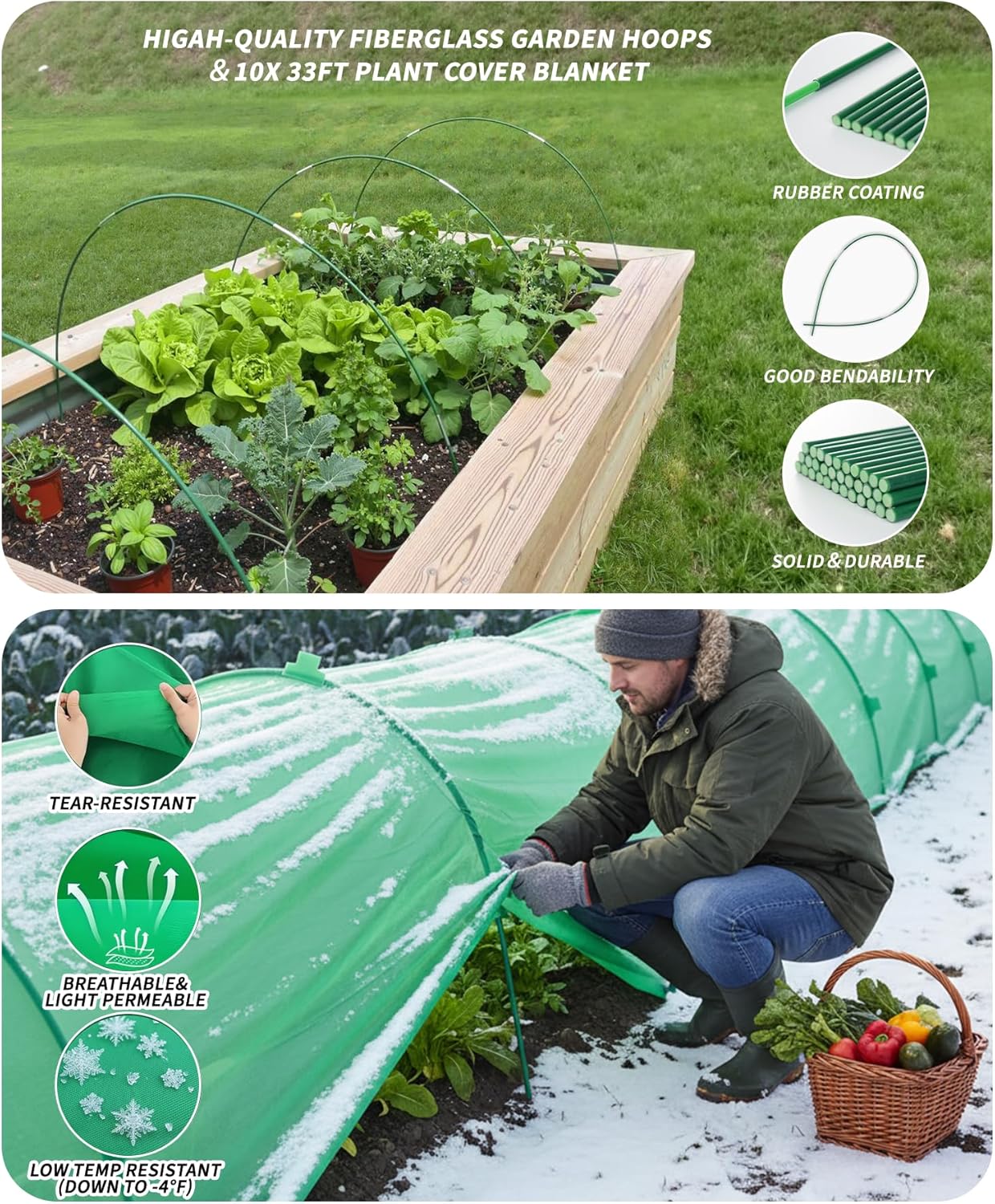 NEW Plant Covers Freeze Protection Kit,10x33FT 1.3 oz/yd² Frost Blanket,36 Hoop,12 Peg,Reusable Garden Bed Covers for Winter,Greenhouse Tunnel,Snow & Pest Protection for Outdoor Plant & Raised Bed - Image 3