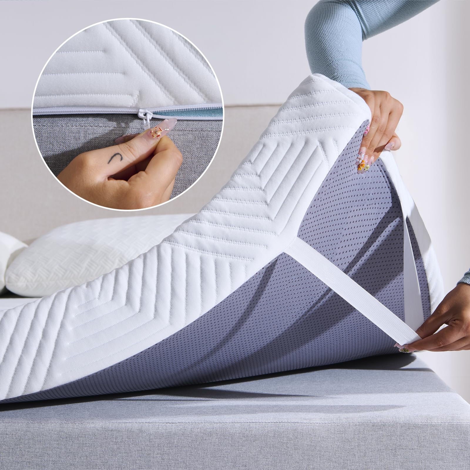 Twirest Surmatelas 140 x 190CM, Épaisseur 7,5CM, Mousse Mémoire à Gel, Confortable et Respirant, avec Design Antidérapant et Housse de Matelas Amovible et Lavable