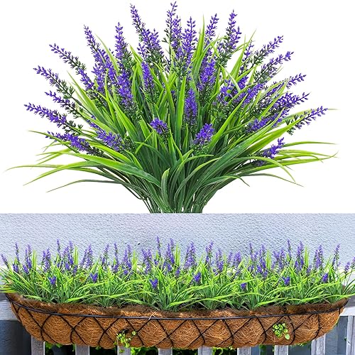10 paquetes de hierbas artificiales de mono para exteriores, resistentes a los rayos UV, plantas de plástico lavanda para colgar en exteriores,