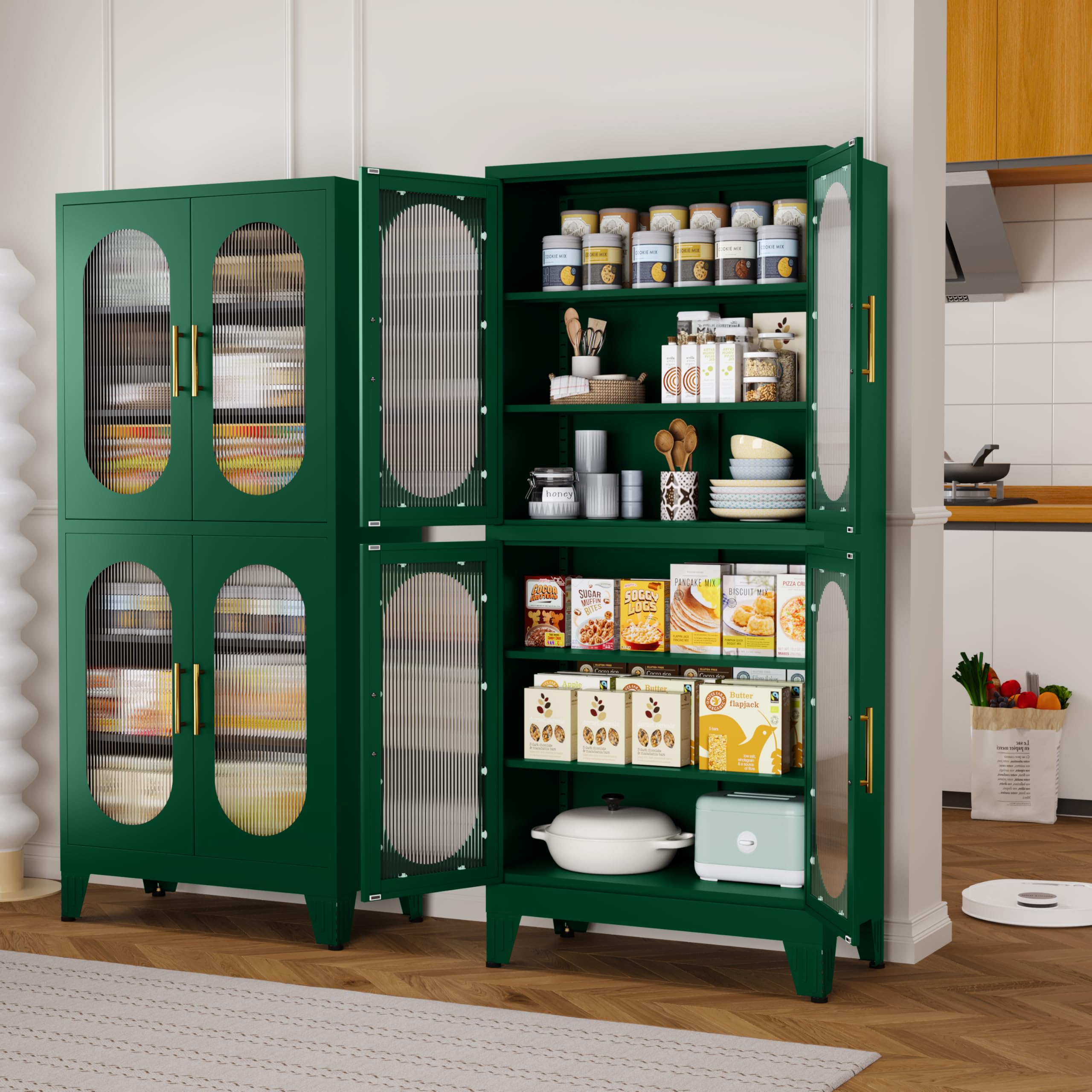 GAIOUS Green Metal Display Cabinet with Acrylic Doors, Kitchen Pantry Cabinets with 4 Adjustable Shelves and Feet, Tall Versatile Storage for Kitchen,