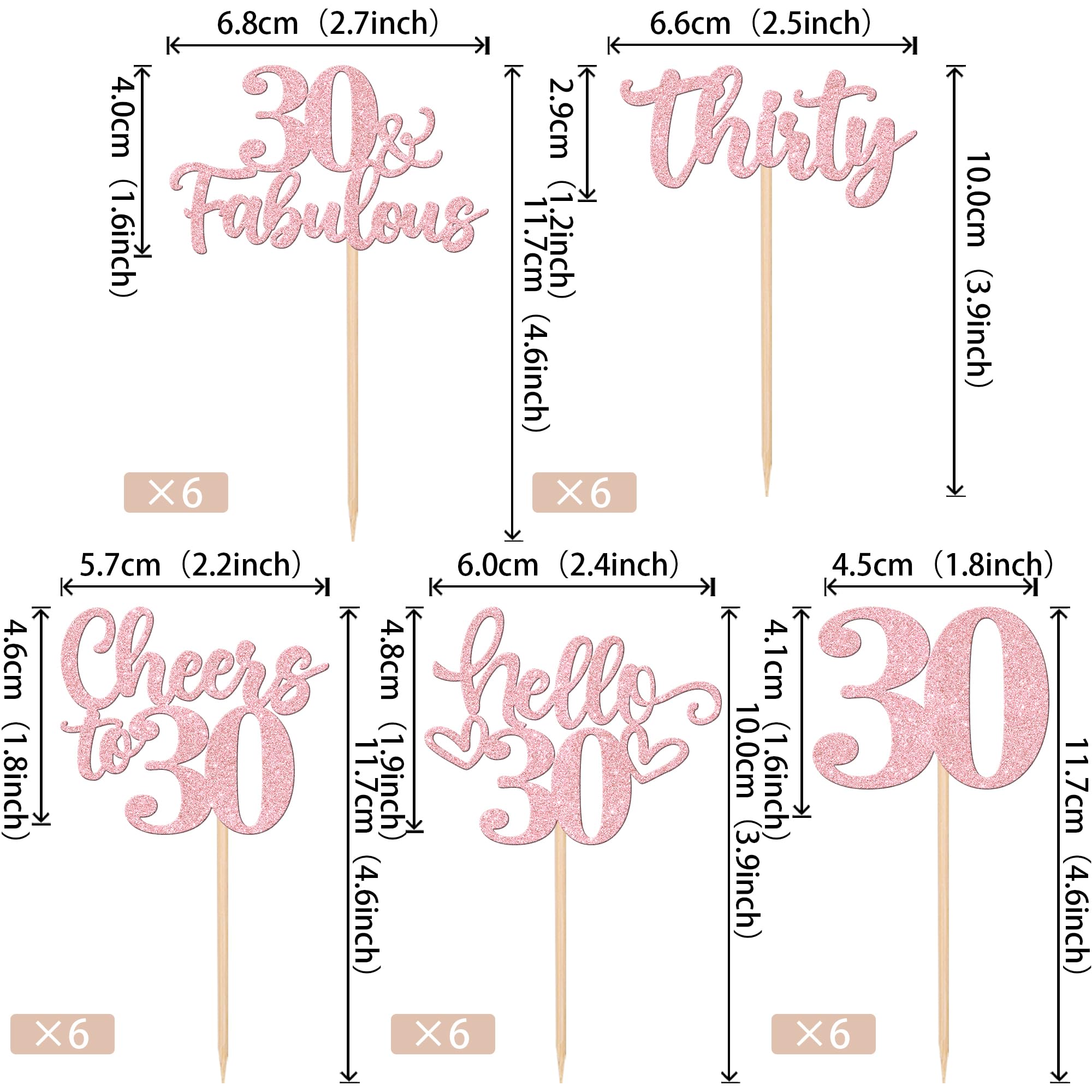 30 PCS Happy 30th Birthday Cupcake Toppers Glitter Thirty Hello 30 Cupcake Picks 30 & Fabulous Cheers to 30 Years Cake Decorations for 30th Birthday Anniversary Party Supplies Pink