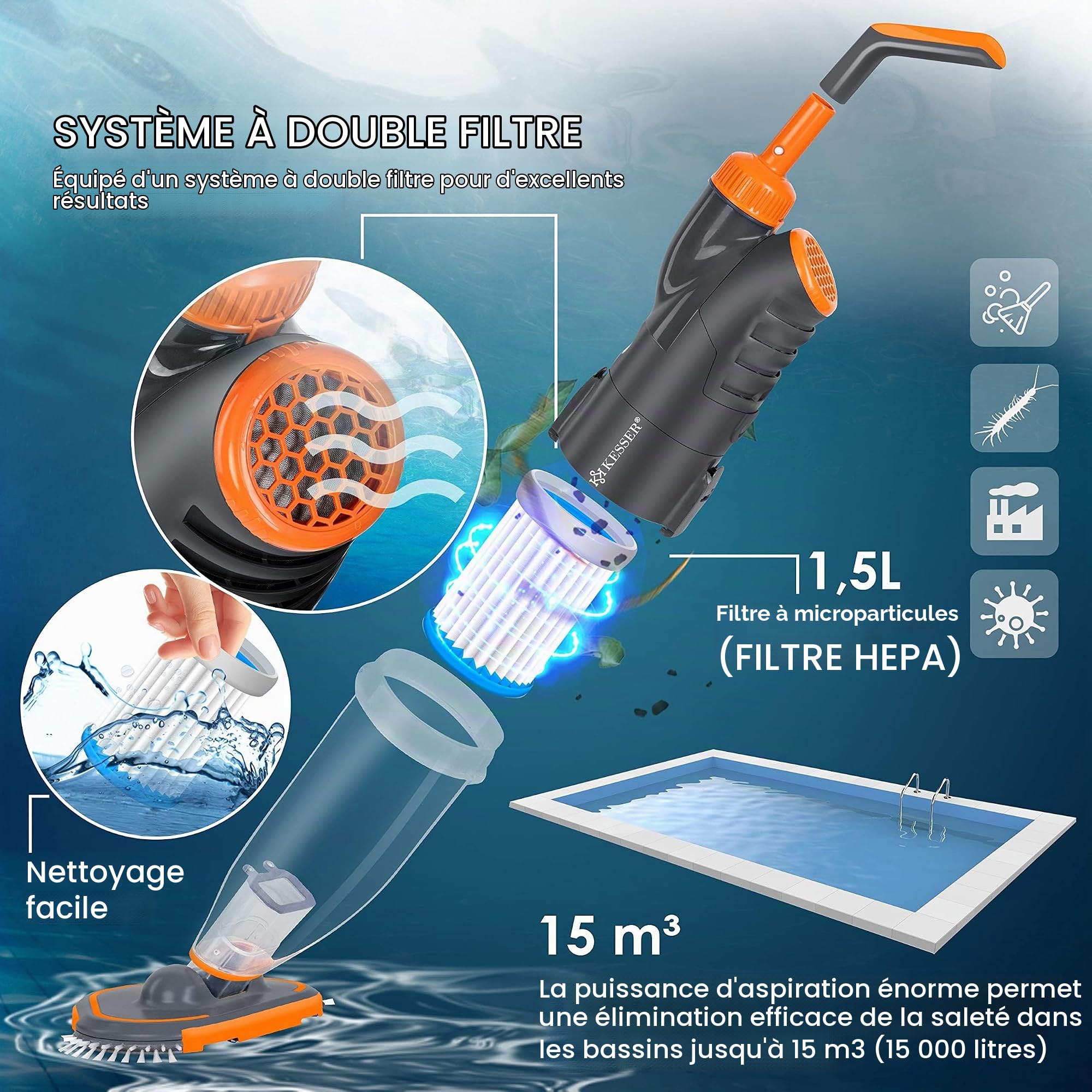 KESSER® Aspirateur de piscine avec batterie | Aspirateur électrique à main pour piscines | Nettoyant de piscine | Kit de nettoyage jusqu'à 15 m³ avec housse de protection