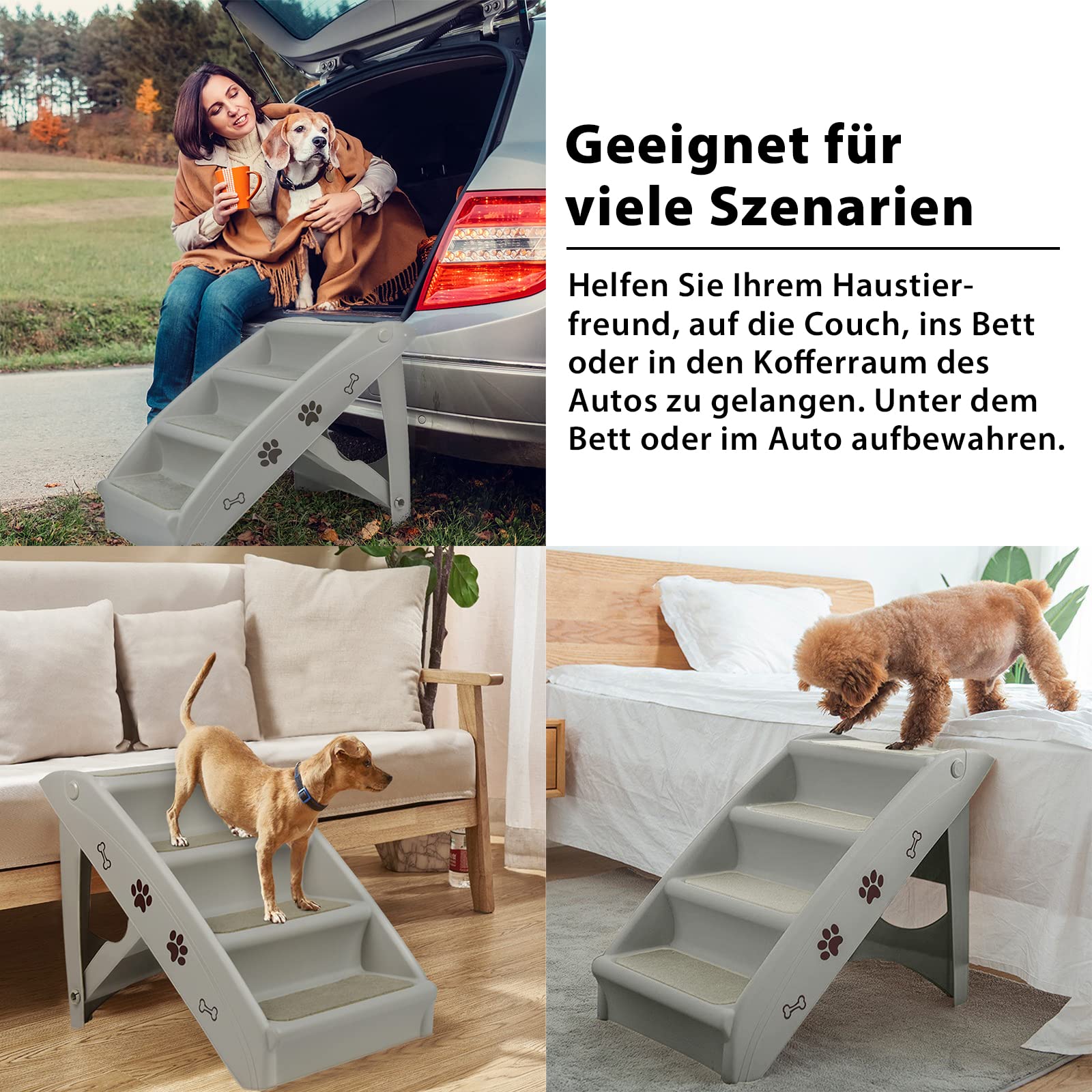 LZQ Scala per cani di piccola taglia, pieghevole, in plastica PP, altezza 50 cm, con gradini antiscivolo, per cani e gatti, per arrampicata e graffi, grigio