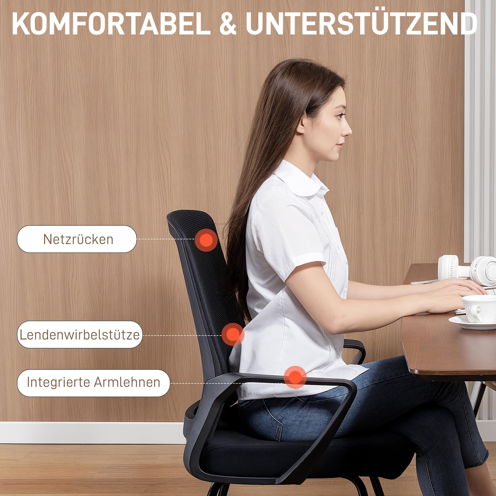 HOMCOM Krzesło konferencyjne, podłokietniki, oparcie lędźwiowe, czarne