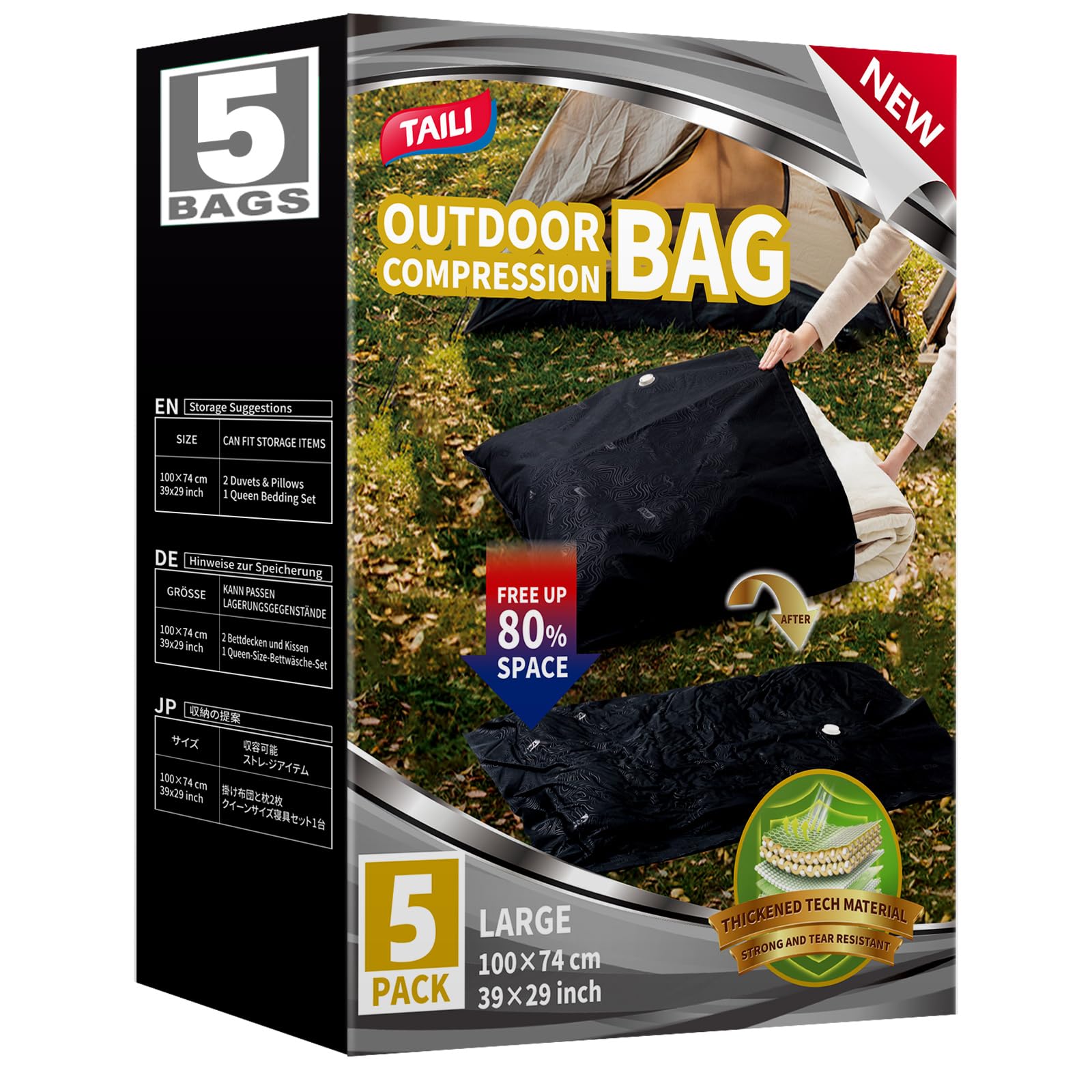 Vacuum Storage Bags Outdoor 5 Pack Jumbo 100 x 74 CM Tear-Proof Travel Vacuum Bags Reusable Compression for Travel, Clothing, Camping Waterproof, Wearproof, Punctureproof