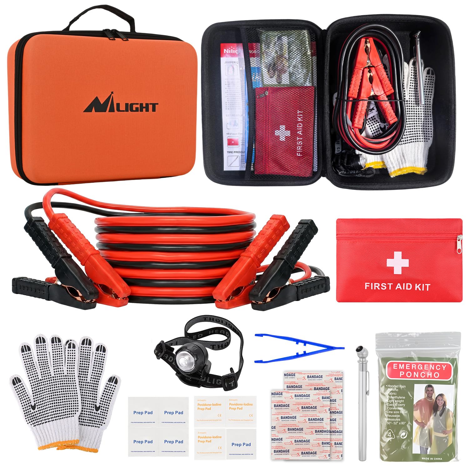 Nilight Kit de emergência para carro com cabo jumper, kit de primeiros socorros, medidor