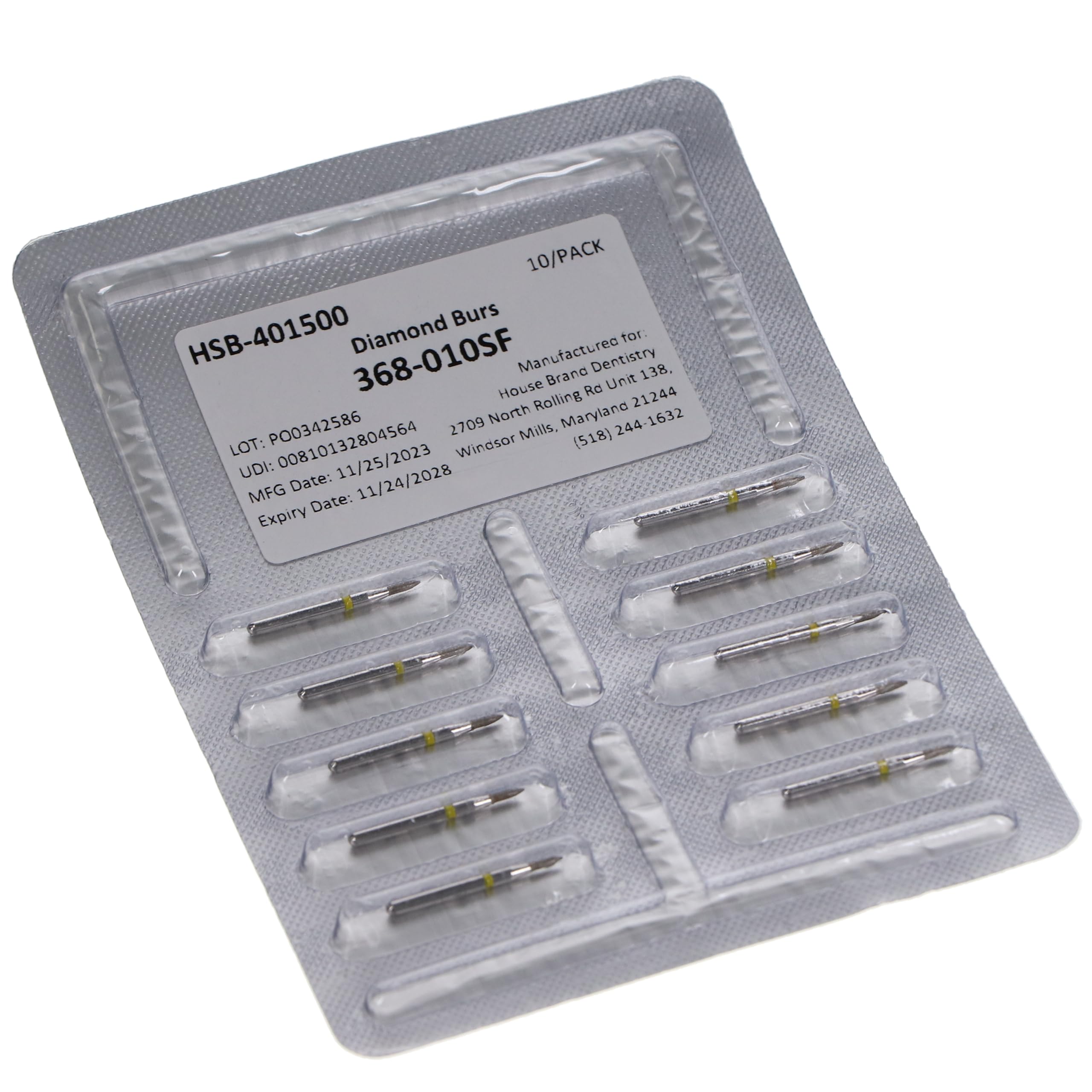 House Brand Dentistry 401500 HSB FG 368-016SF Football Shaped Super Fine Grit Diamond Burs 10/Pk