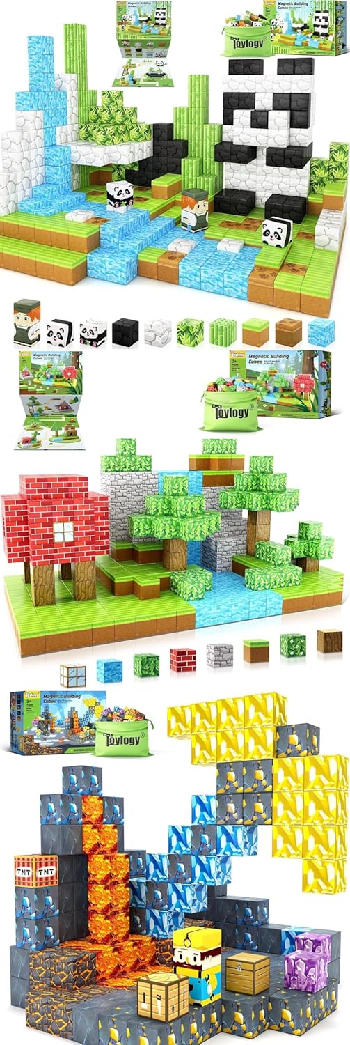 166PCS Magnetic Blocks for Toddlers Toys, Combined with The Theme of Panda, Forest and Mine Magnetic Blocks-Build Magnet World Set for Boys & Girls Age 3-4 4-5 6-8 Magnet Kids Toys Gift