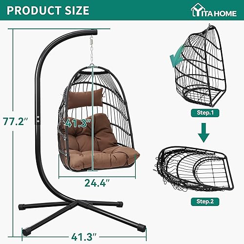 Miniatura 6 de YITAHOME Silla colgante de huevo para exteriores hamaca de mimbre para interiores con soporte de acero cojín resistente a los rayos UV 350 libras
