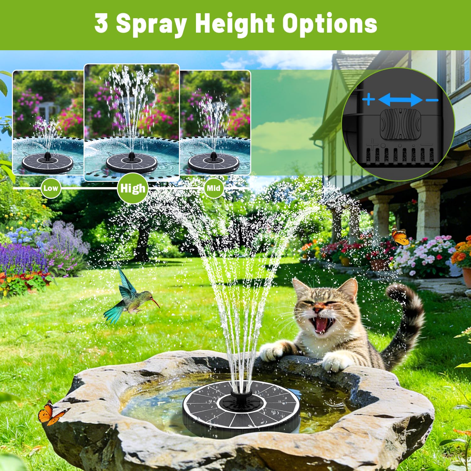 Condition photo showing New/Like New for solar fountain with 3 spray height, works in shade, 3.5w glass solar bird bath fountains with 2000mah battery and 4 rotating rods, 7 nozzles, outdoor water fountain pump for garden, pool, pond