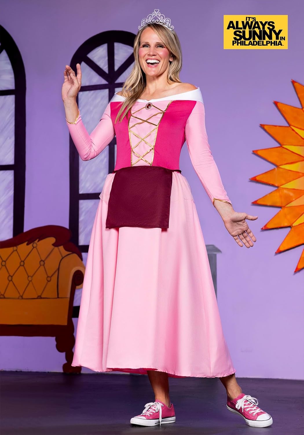 Sweet Dee Princess Costume Pink Dress with Gold Accents, Maroon Apron Always Sunny in Philadelphia.