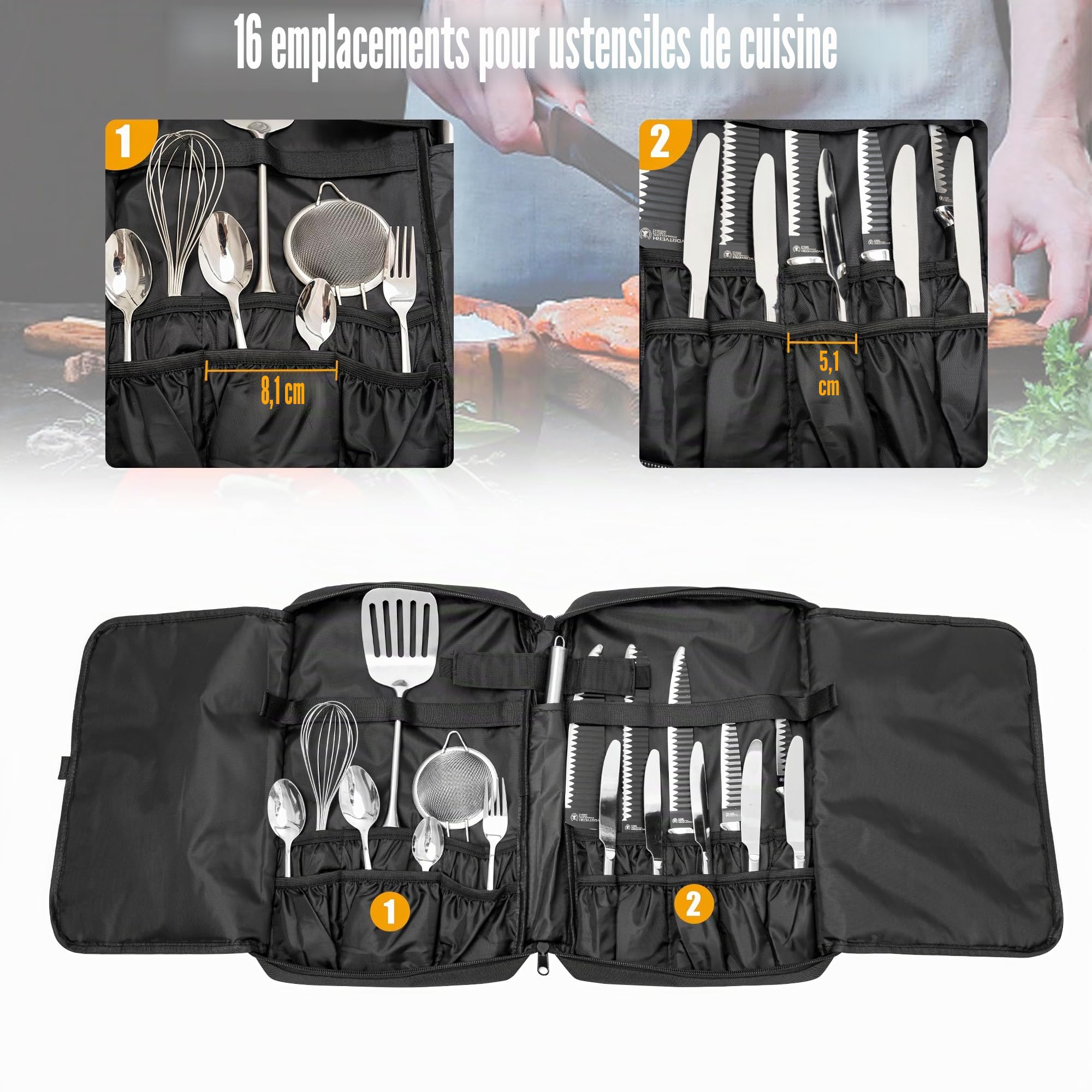 Trousse à Couteaux de Cuisine,16 Compartiments,40x25x6cm,S | Trousse Professionnelle à Couteaux ,Portative avec Poignée et Épaulette, Noir