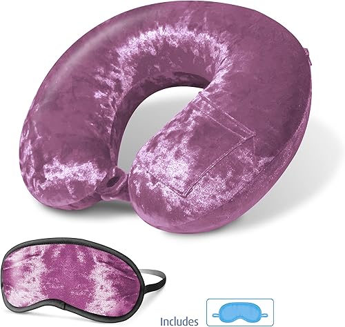 Miniatura 5 de Cloudz Luxe Crushed Velvet Ultra Premium Comforlite Almohada de cuello de viaje en avión con máscara de dormir lujosamente suave a juego, color malva