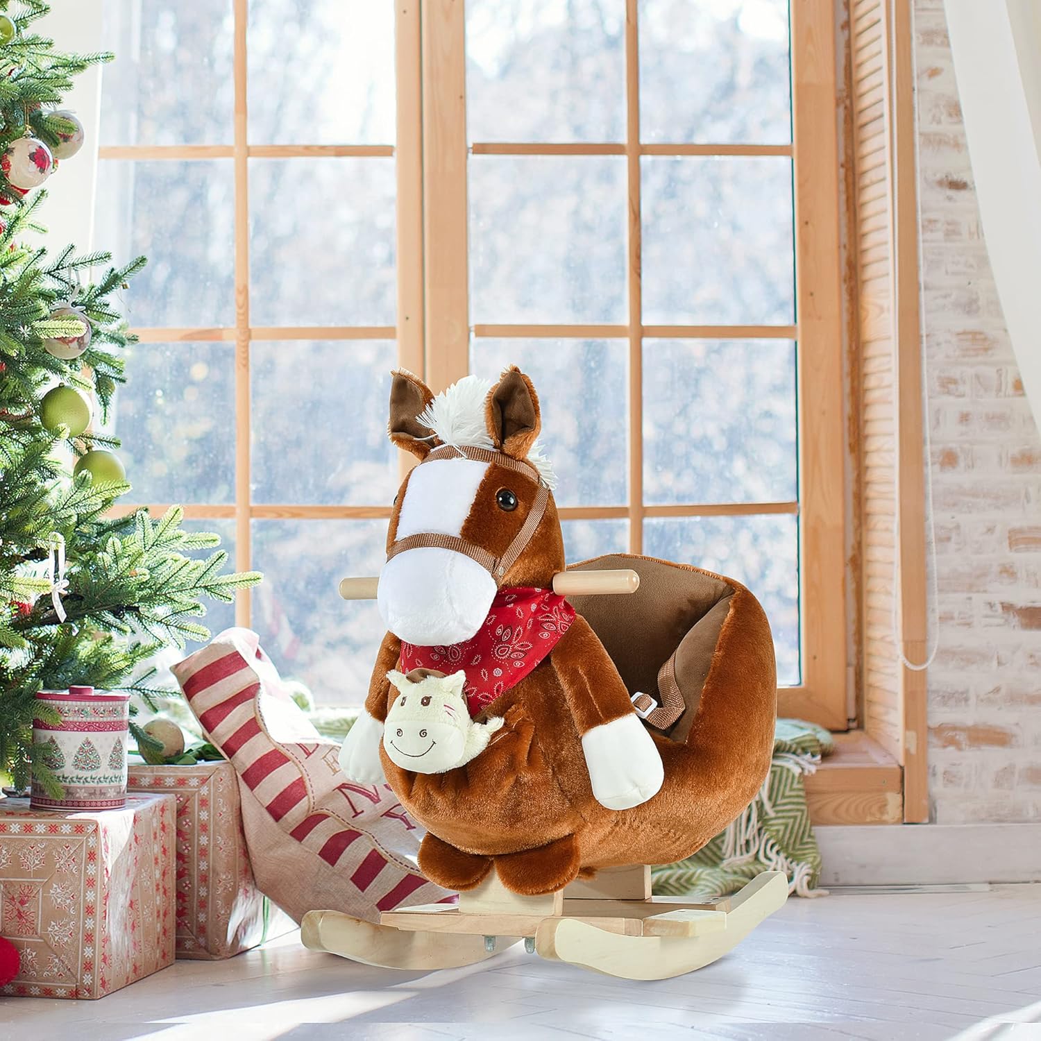 Kids Ride-On Rocking Horse Toy, Rocker with Lullaby Song, Hand Puppets & Soft Plush Fabric for Children 18-36 Months, Brown