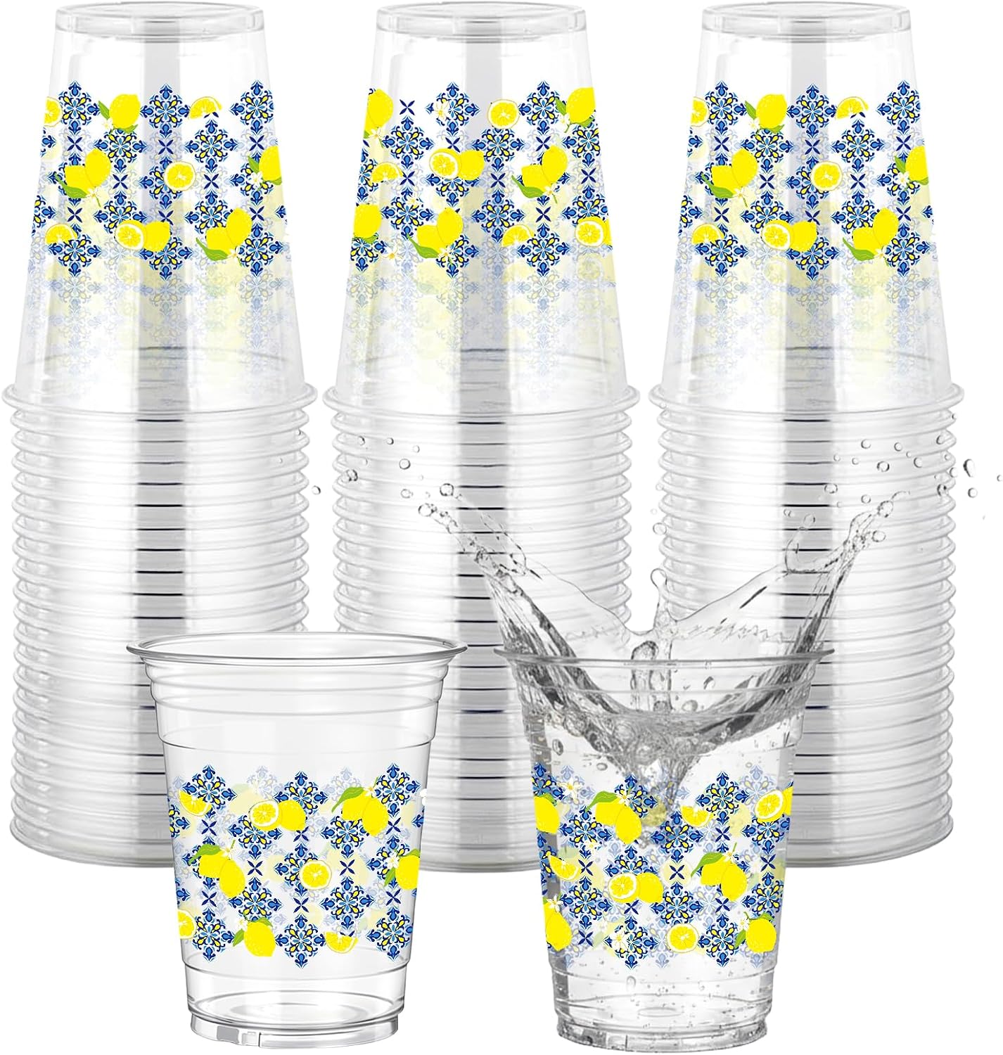AFRITEE 50 Pcs Blue Porcelain Lemon Plastic Cups, Blue Tile Yellow Lemon Themed Disposable Clear Plastic Cup, Mediterranean Summer Party Decor Supplies for Weddings Bridal Showers 12 oz