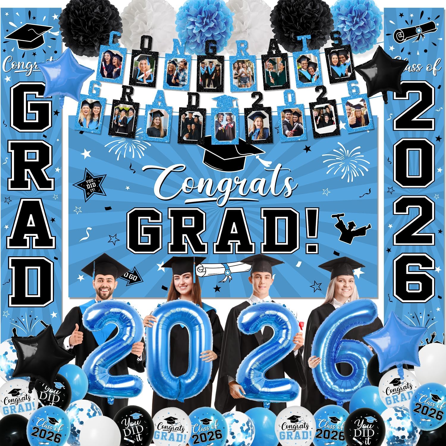 2026 Graduation Decorations, Light Blue Themed Class of 2026 Decorations Set, Congrats Grad Backdrop,Photo Banner,Door Banner,Balloons and Pom Poms Supplies for High School College Graduation Party