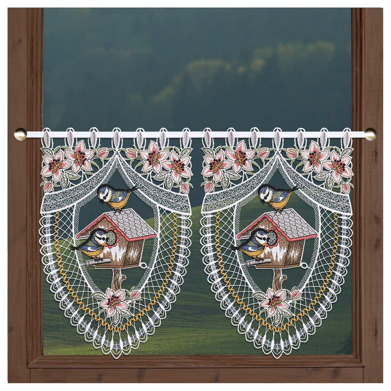 Scheibenhänger Vogelparadies aus Echter Plauener Spitze Scheibengardine mit Blaumeisen und Blüten Flächengardine Frühling 35 x 23 cm