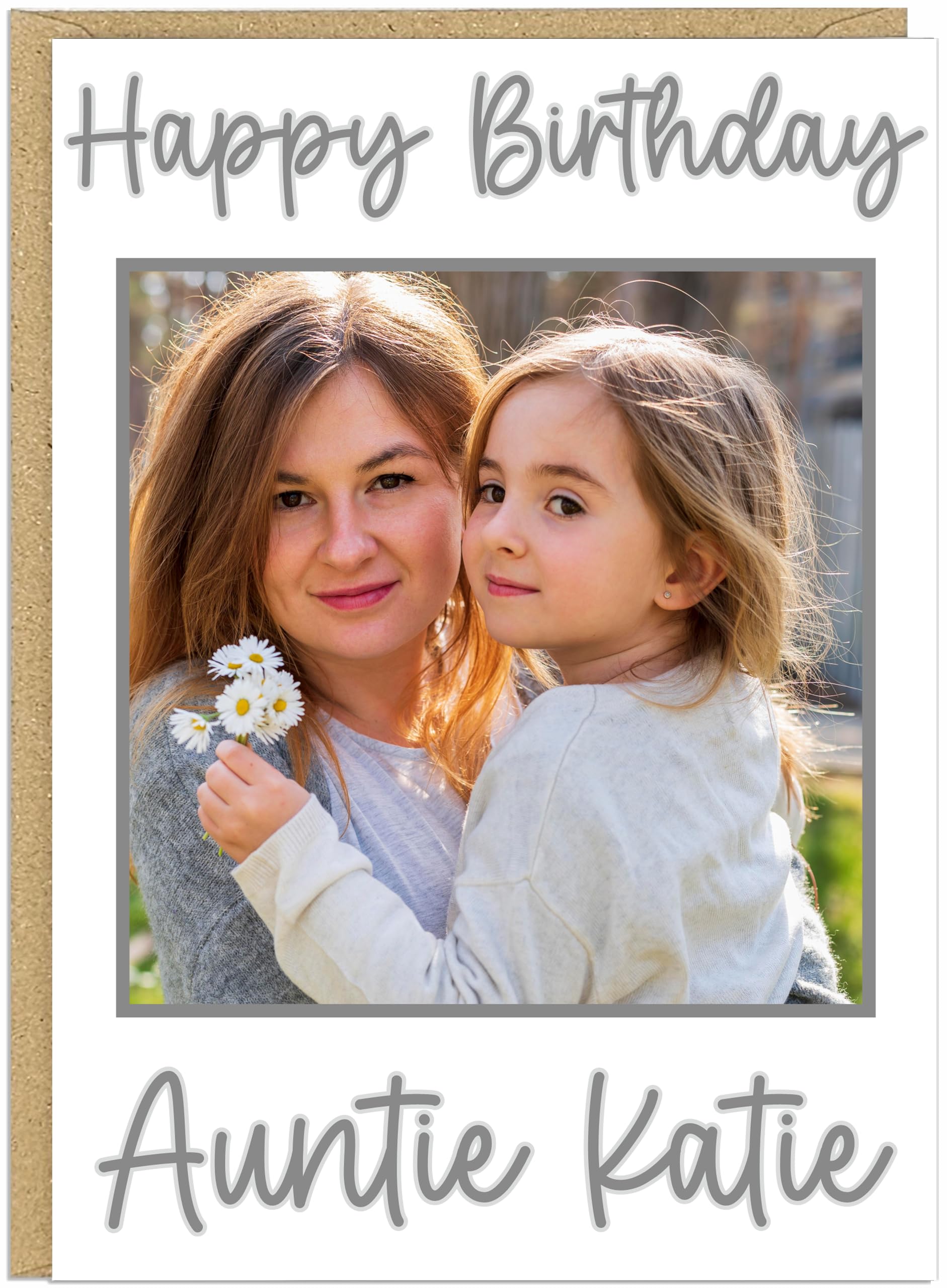Personalised A5 Photo Happy Birthday Cards - Custom Own Name & Photo Auntie Mummy Grandma Best Friend Designs - 7 Colour Options Beige Blue Bright Pink Gold Grey & Pink (Grey)