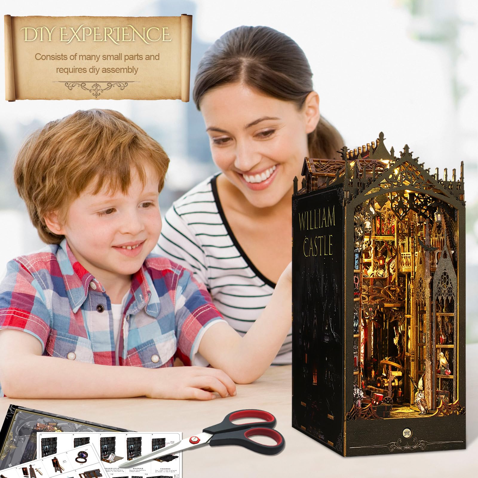 MiniCity Book Nook – Kit De Maqueta 3D De Madera Con Luz LED, Sujetalibros En Miniatura Estilo Tronos De Calaveras