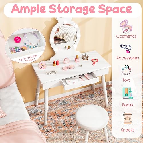 Miniatura 23 de Costzon Juego de tocador para niños, mesa de maquillaje de princesa de madera con taburete acolchado, cajón grande, patas de madera maciza y espejo