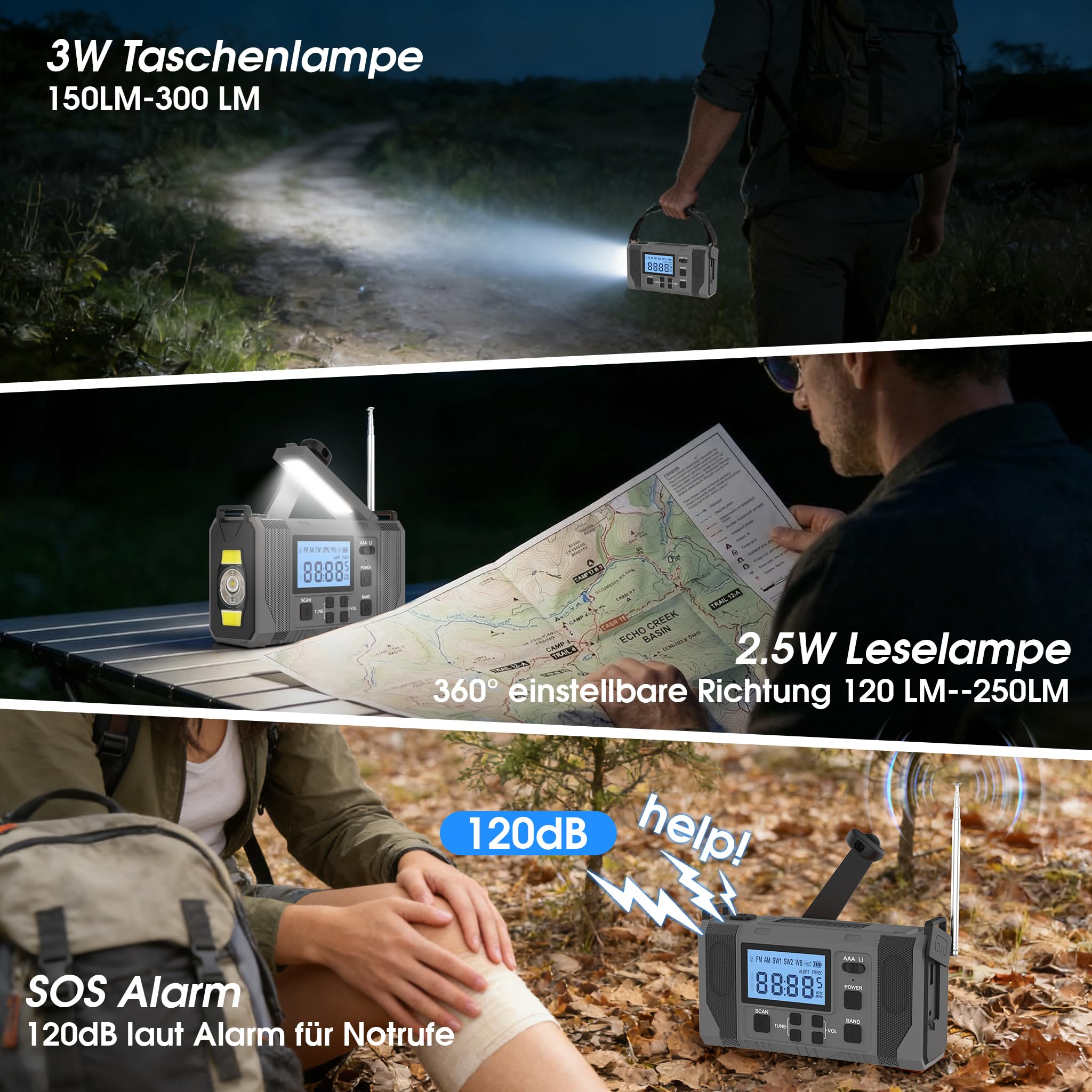Notfall-Solar Radio, 10000mAh Notfall Kurbelradio, AM/FM Radio, Taschenlampe+ Leselicht, SOS-Alarm, Powerbank, 3-Ladearten (Solar/USB/Handkurbel), für Camping/Wandern/Stromausfall,Grau