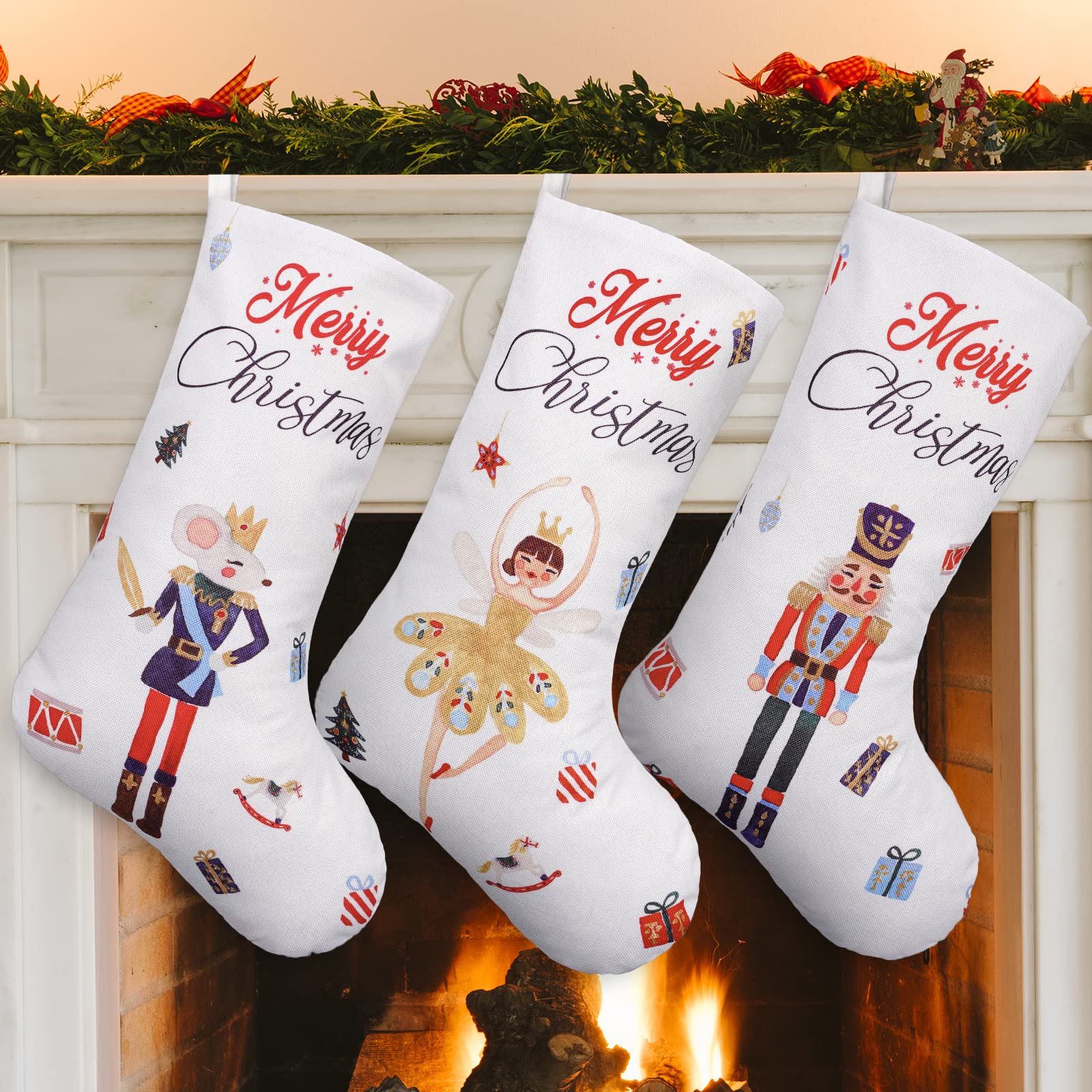 AnyDesignAnyDesign Large Nutcracker Christmas Stocking 18 Inch Xmas Hanging Stocking 3Pcs Rustic Vintage Watercolor Favor Treat Stocking Gift Bag for Kids Fireplace Xmas Tree Indoor Party Decoration
