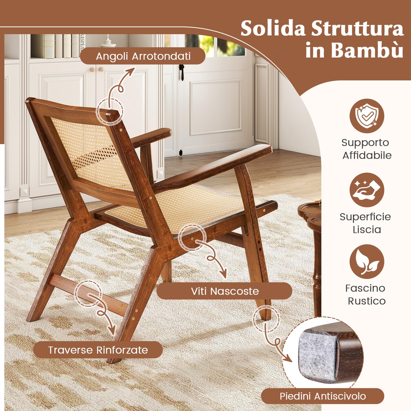 COSTWAY Poltrona Lounge, Poltrona Ergonomica in Rettan e Bambù con Schienale e Braccioli, Portata 150 kg, Sedia Bohemien per Soggiorno, Camera da Letto e Studio