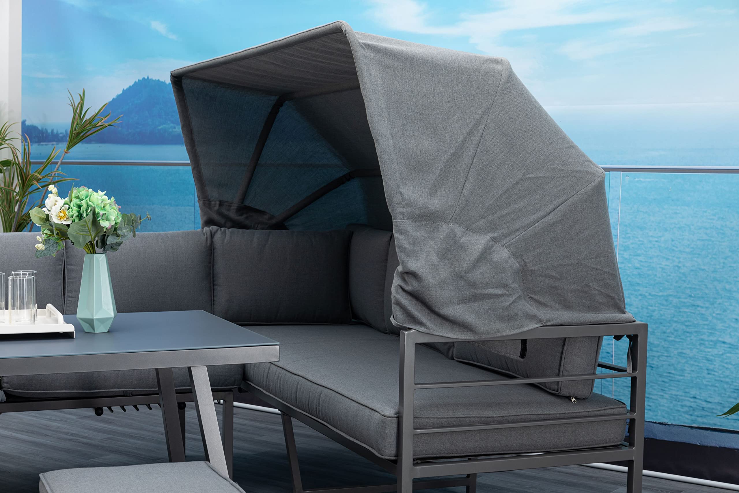 Mandalika Garden Newport Hohe Dining Aluminium Lounge, 3 in 1 | Mit Sonnendach, Verstellbare Kopfteile, Garten Sitzgruppe