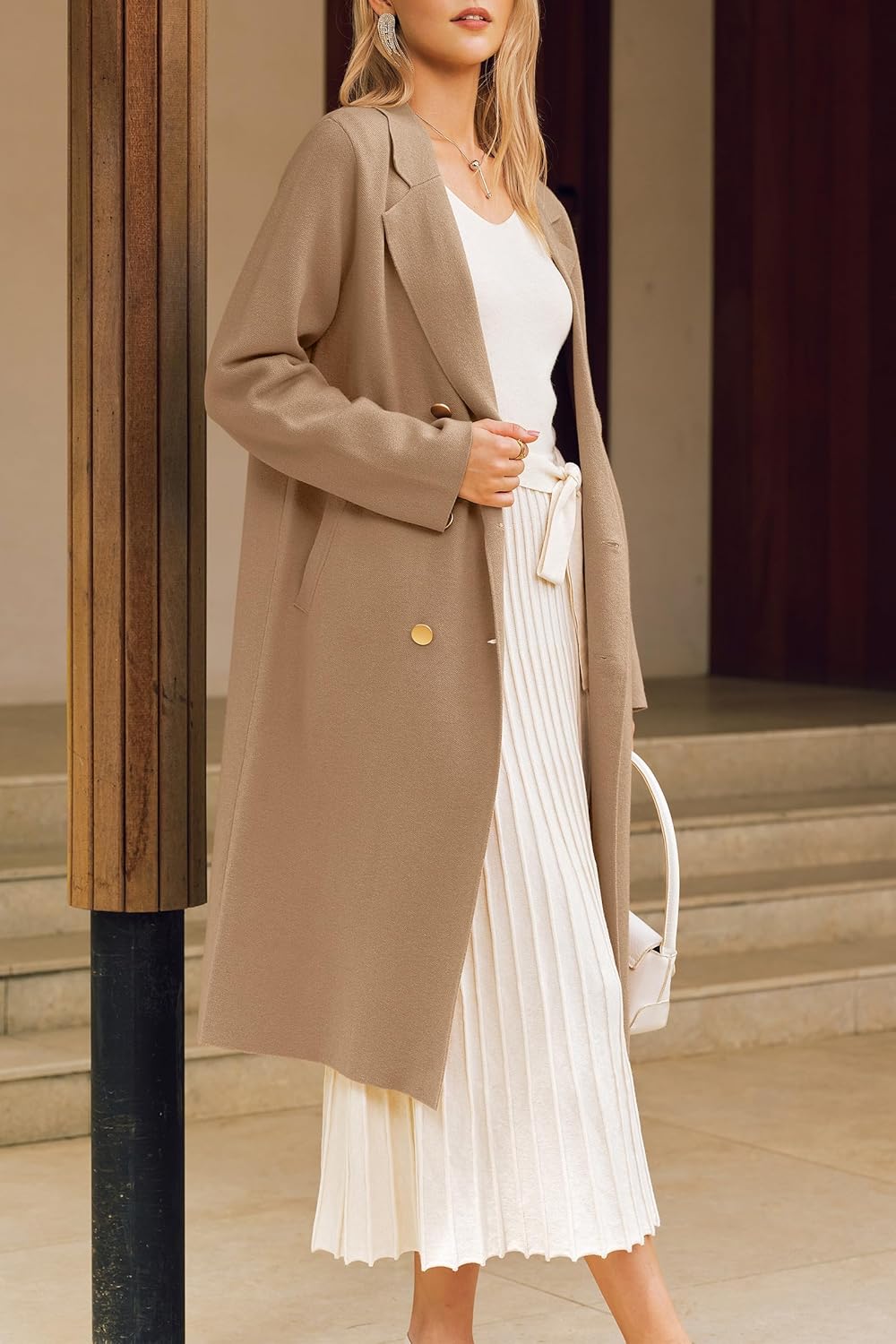 Arach&Cloz Women's Wool Blend Double Breasted Winter Outfits Long Cardigan Sweater Coat - Image 4