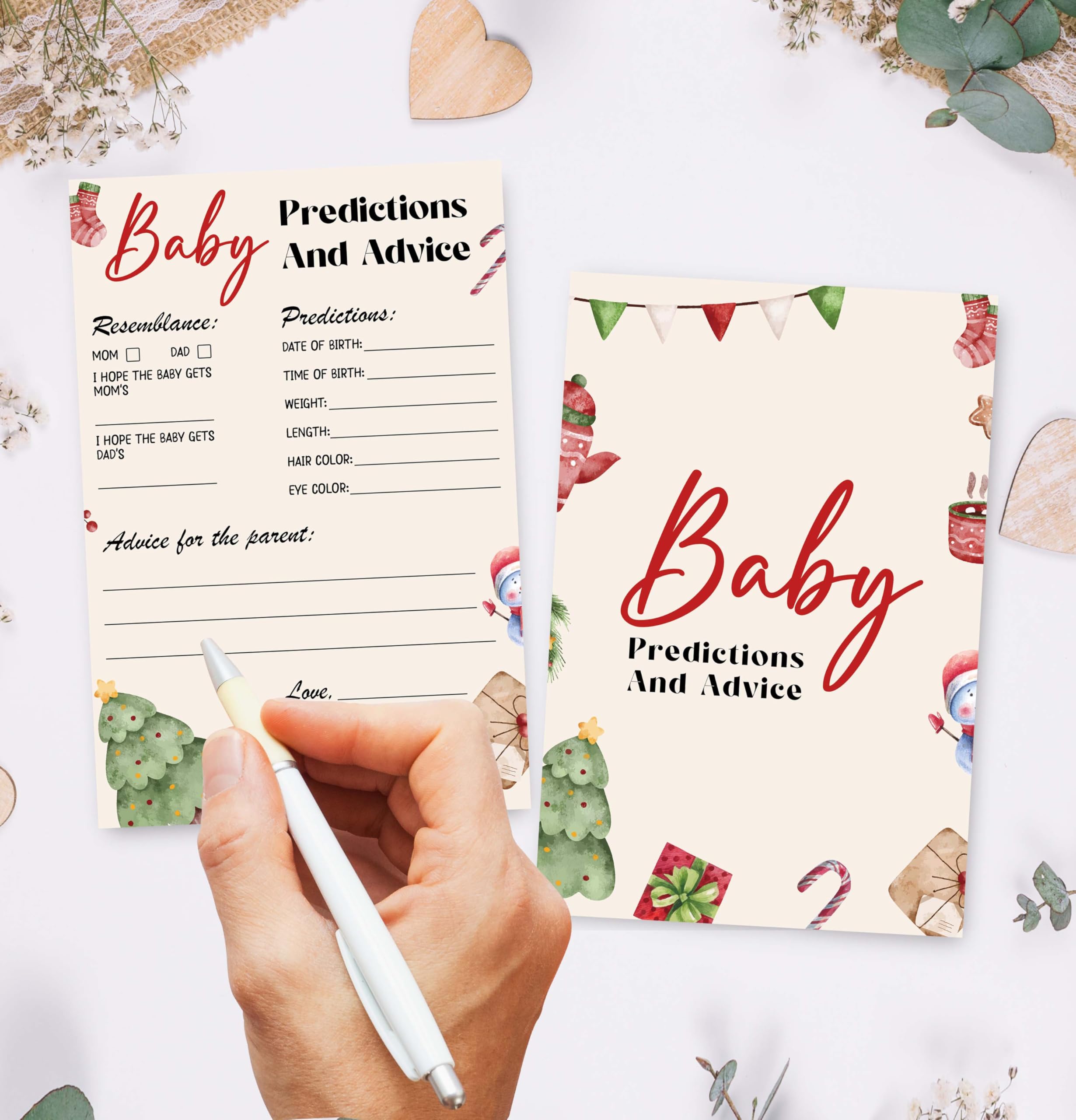 Świąteczne karty do gry na baby shower – 25 dwustronnych kart przewidywania i porad dla dzieci, zimowe upominki na imprezę neutralną płciowo - C02
