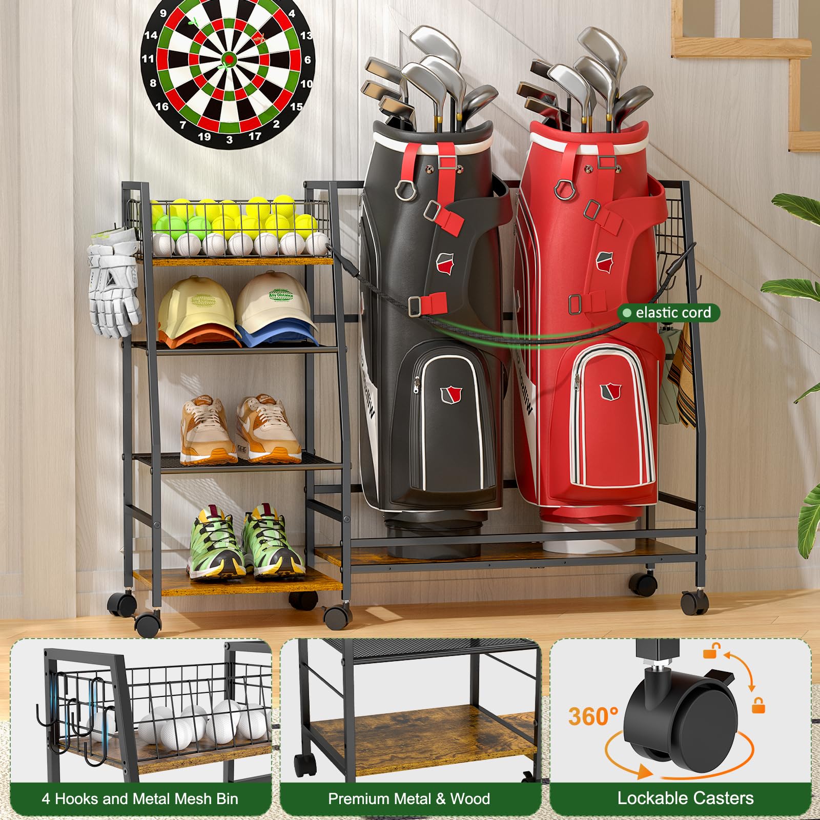 DAOUTIME Golftasche Garage Lagerregal mit Rollen, Organizer für 2 Golftaschen und Ausrüstungszubehör, ideal für Zuhause, Garage, Club, Schuppen, Keller – Stabile Holz- und Metallkonstruktion (Schwarz)