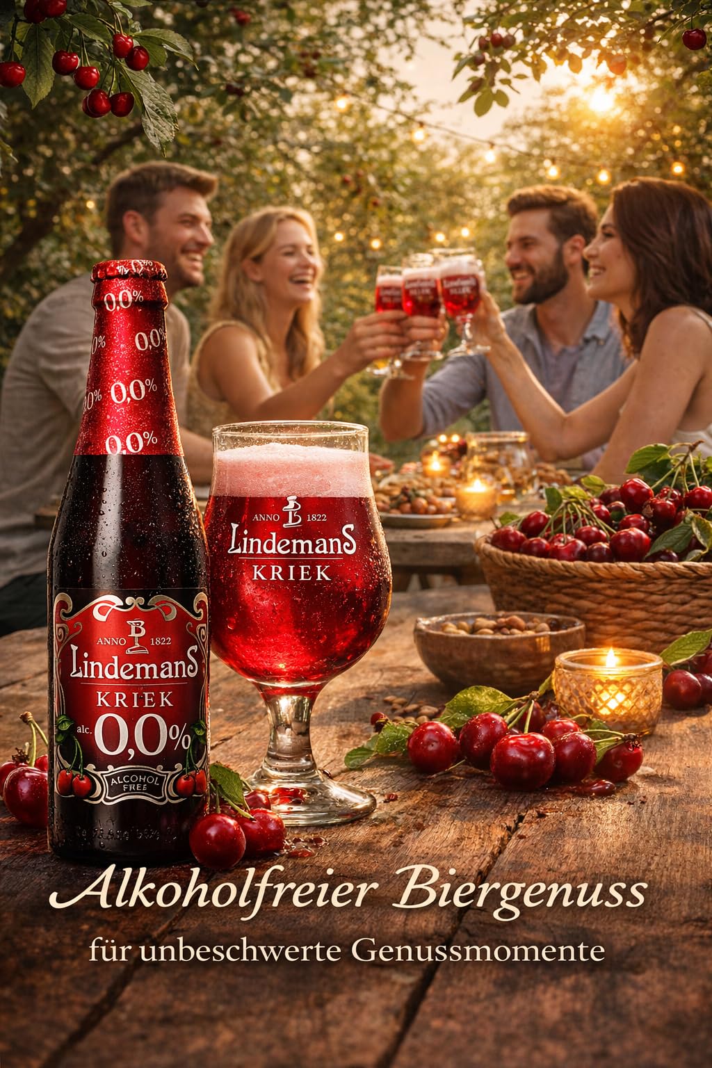 Lindemans Kriek Belgisches Kirschbier, 24 Flaschen à 250ml, 0% Vol, Alkoholfrei, Lambic Fruchtbier, Süß-Sauer