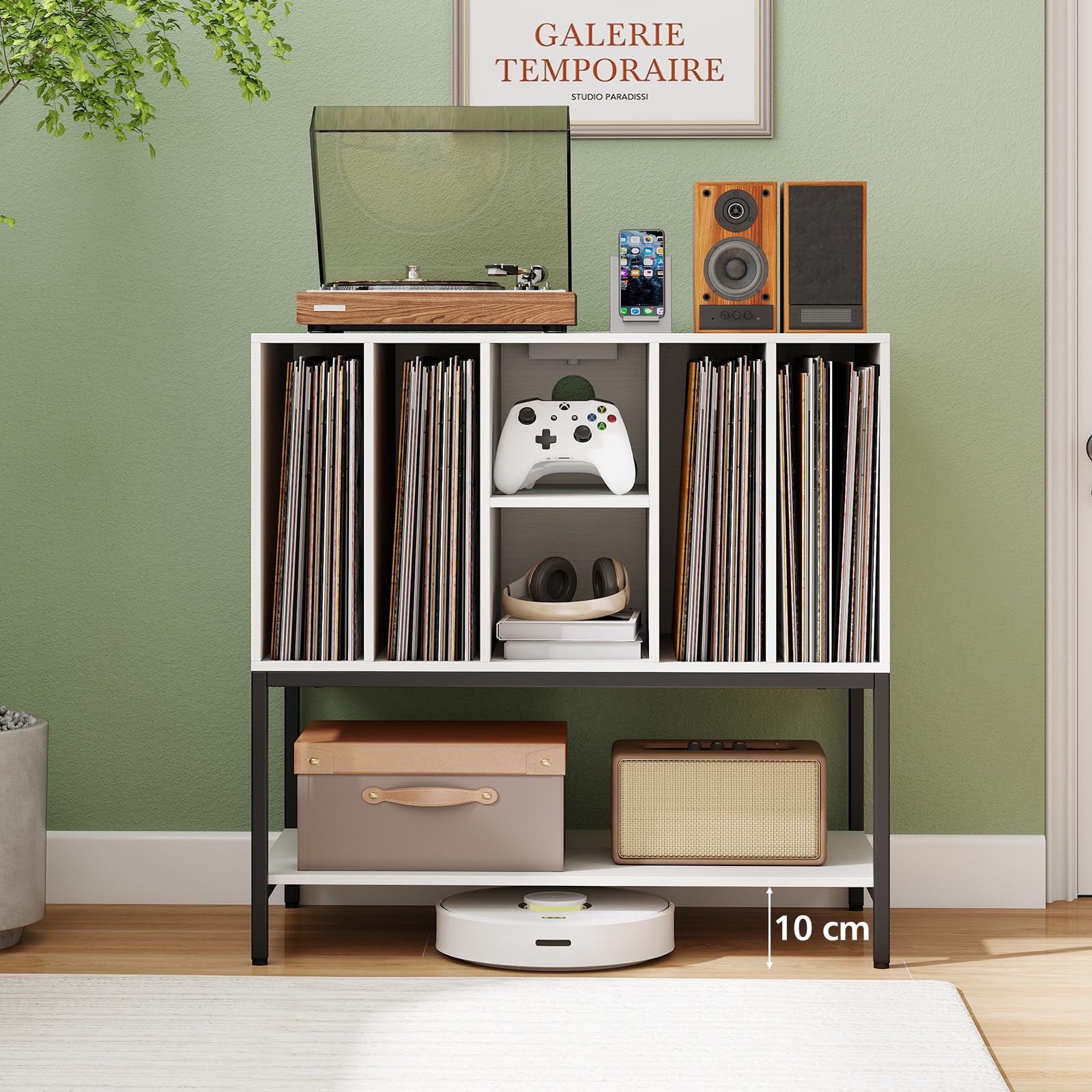 RELAX4LIFE Giradischi Vinili Stand Tavolino con Stazione di Ricarica, Espositore in Legno per Dischi 150, Scaffale Inferiore, Supporto per Giradischi, Ideale per Soggiorno e Sala Musica (Bianco)