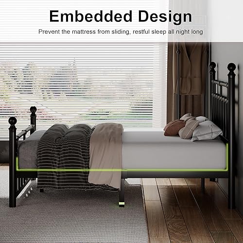 Miniatura 6 de Feonase Base de cama de plataforma de metal de tamaño matrimonial con cabecero y estribo clásico victoriano, listones resistentes, almacenamiento