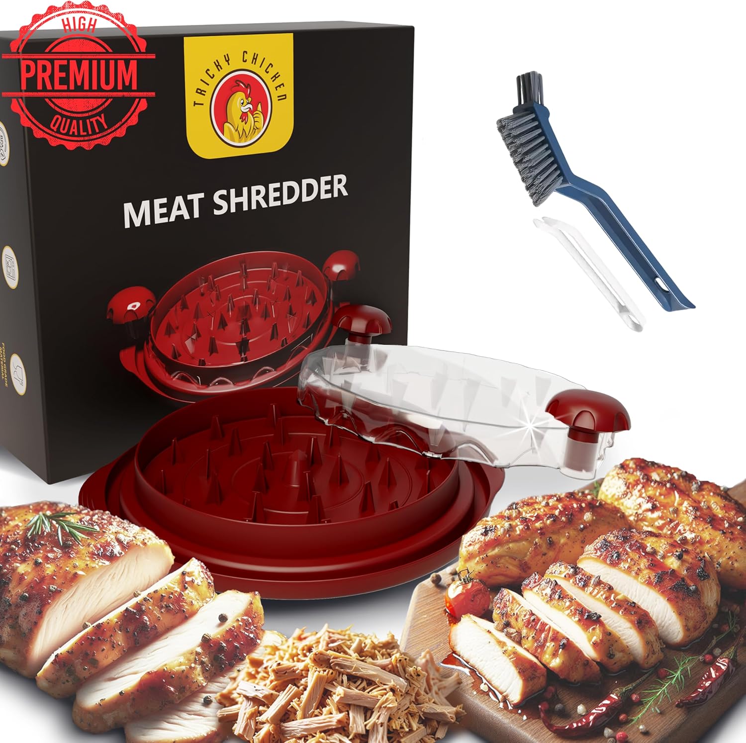 Easy Chicken Shredder Tool with Twist Action - BPA-Free, Large 11", Non-Slip, Dishwasher Safe, Clear Top, Cleaning Brush, Dark Red with Manual. For Meat, Beef, Pork from Tricky Chicken