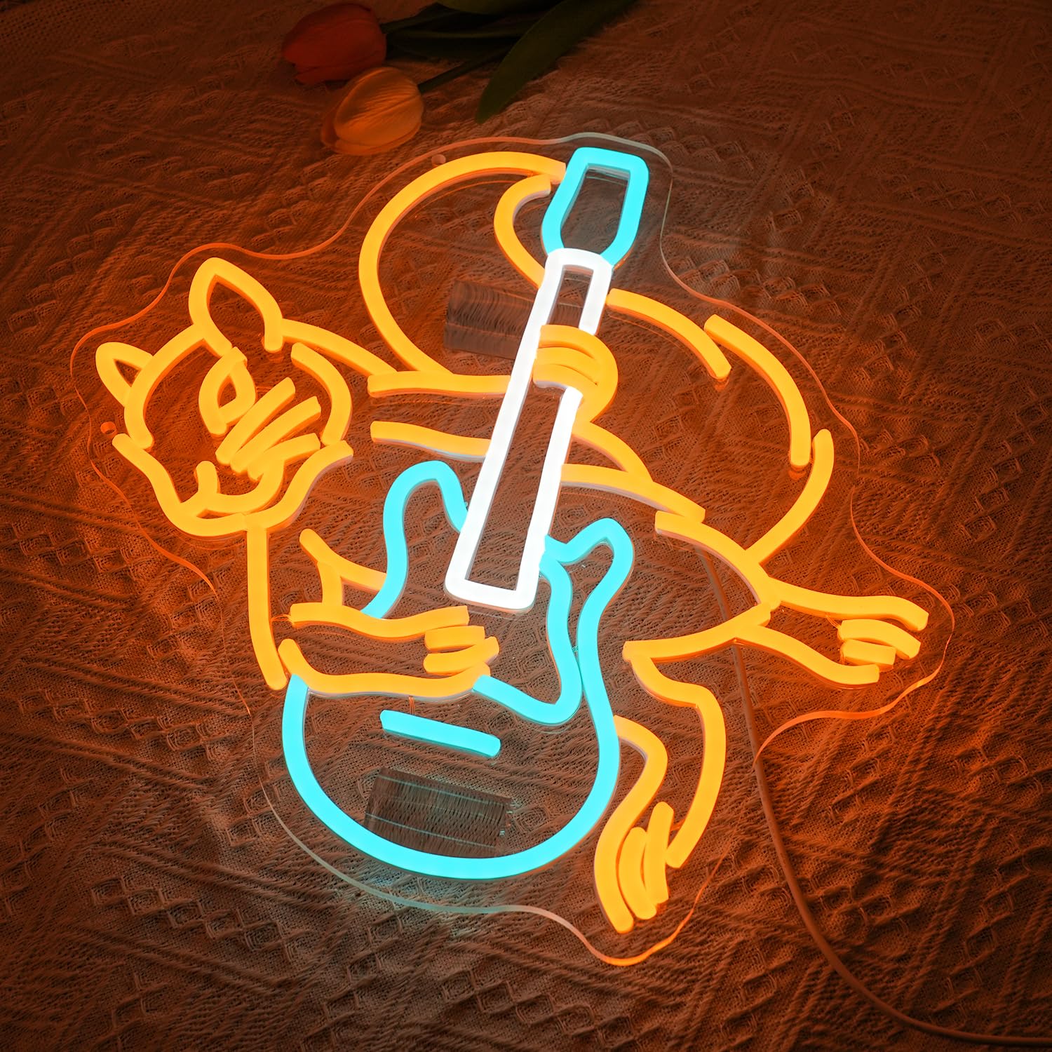 Insegna al neon a forma di chitarra con scoiattolo per decorazione da parete, birreria, chitarra, luce al neon, alimentata tramite USB, con musica a LED, per bar, musica dal vivo, grotta, casa, feste
