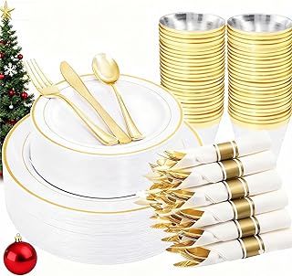 WELLIFE 210 Piece Gold Plastic Dinnerware Set, Include: 30 Dinner Plates, 30 Dessert Plates, 30 Pre Rolled Napkins with Silverware and 30 Cups