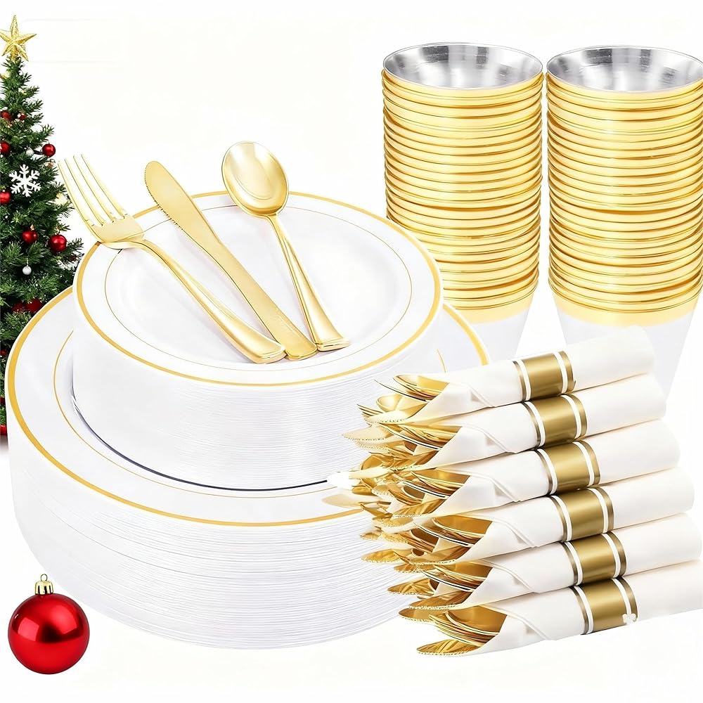 WELLIFE 210 Piece Gold Plastic Dinnerware Set, Include: 30 Dinner Plates, 30 Dessert Plates, 30 Pre Rolled Napkins with Silverware and 30 Cups