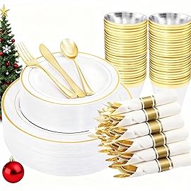 WELLIFE 210 Piece Gold Plastic Dinnerware Set, Include: 30 Dinner Plates, 30 Dessert Plates, 30 Pre Rolled Napkins with Silverware and 30 Cups