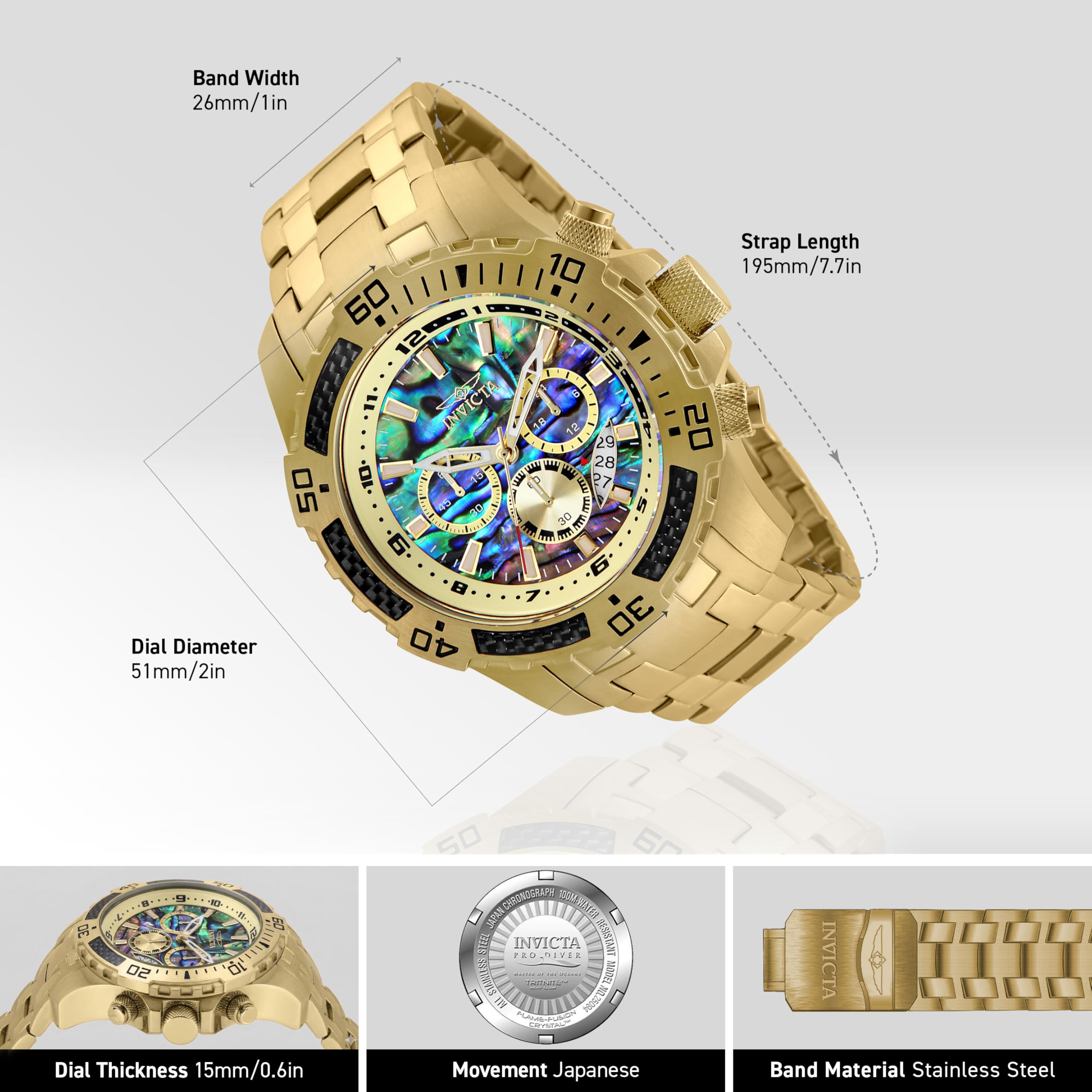Invicta Męski zegarek Pro Diver Scuba kwarcowy chronograf z włókna węglowego ramka Abalone tarcza bransoletka zegarek, 50 mm, Złoty, 51MM, Nurek