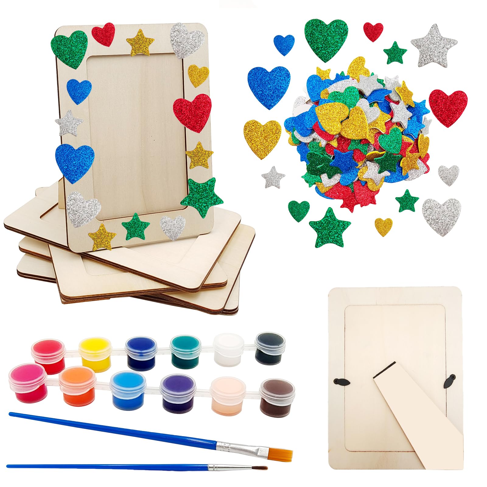 WOOPSOO 5 Pack Picture Frame Painting Craft Kit DIY Wooden Photo Frames with Stand Painting Tools Set Star Heart Glitter Eva Stickers for Gift Kids Craft Paint