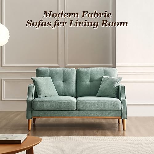 Miniatura 7 de Sofá biplaza moderno de 57 pulgadas de mediados de siglo con 2 almohadas, sofá de tela para sala de estar con patas de madera maciza, sofá tapizado